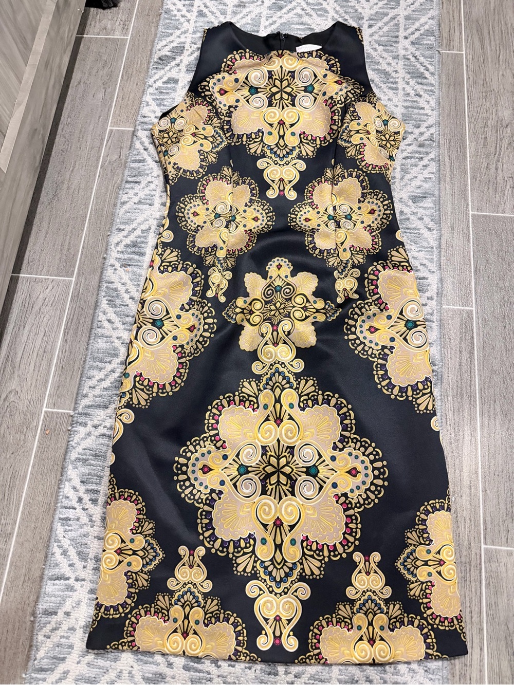 Sleeveless Black Dress with Gold Medallion Print